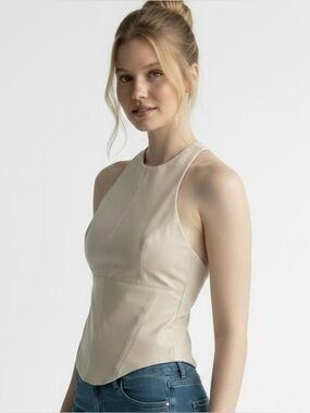 Salty Halter Crop Top Vegan Leather Sz S Cream Open-Back Corset NWOT